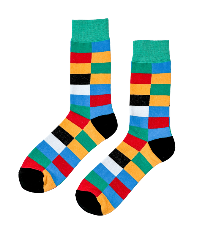 Urban Mosaic socks close-up showing city-inspired multicolor mosaic geometric knit detail