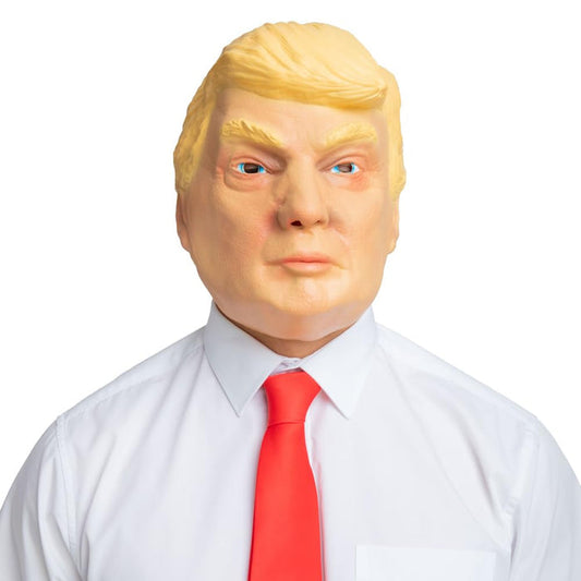 Person wearing a Donald Trump mask with blonde hair, white shirt and red tie