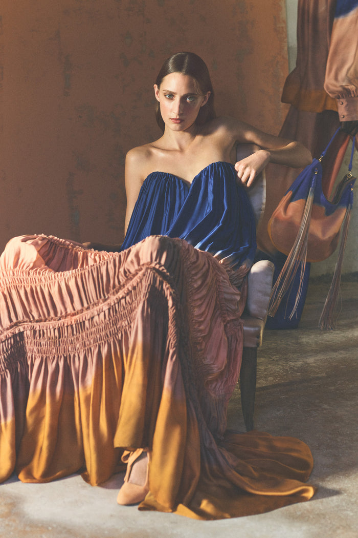 Sunset Silk Strapless Gown in Blue & Peach Ombré - SS26 Runway Styled Look | Ulla Johnson