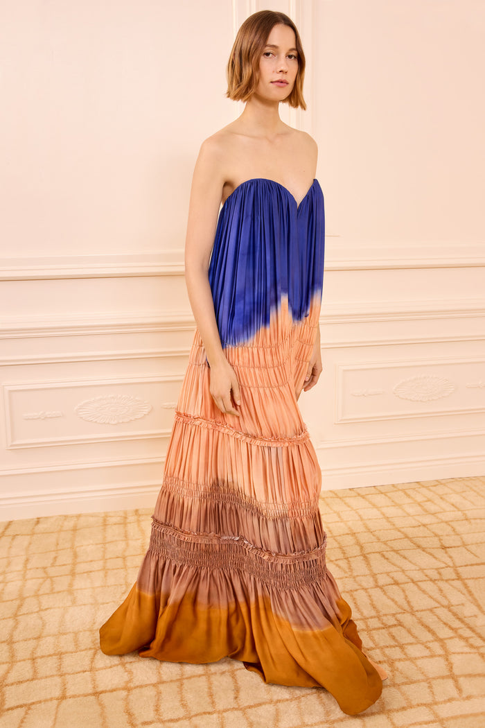 Blue to Amber Ombré Silk Strapless Gown - Front View, Luxury Designer Maxi | Ulla Johnson