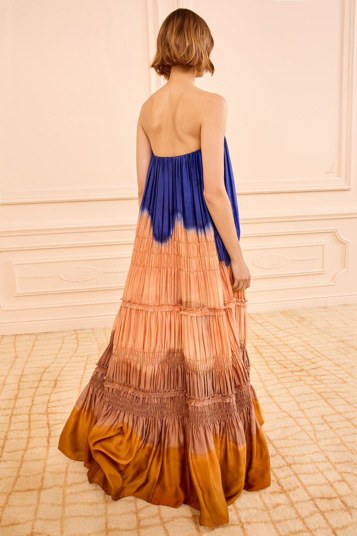 Veil Strapless Silk Gown Moontide - Back View, Ruched Tiered Skirt Detail | Ulla Johnson