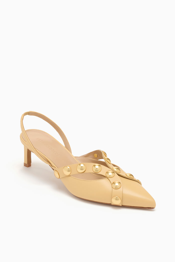 Miele Leather Vendome Studded Kitten Heel - Three-Quarter View, Gold Dome Studs | Ulla Johnson