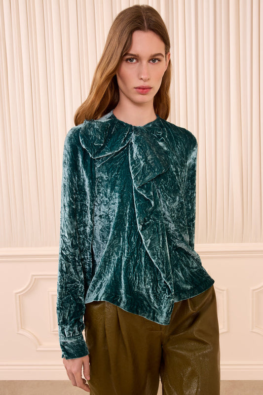 Vesa Long Sleeve Velvet Bow Blouse - Jadeite