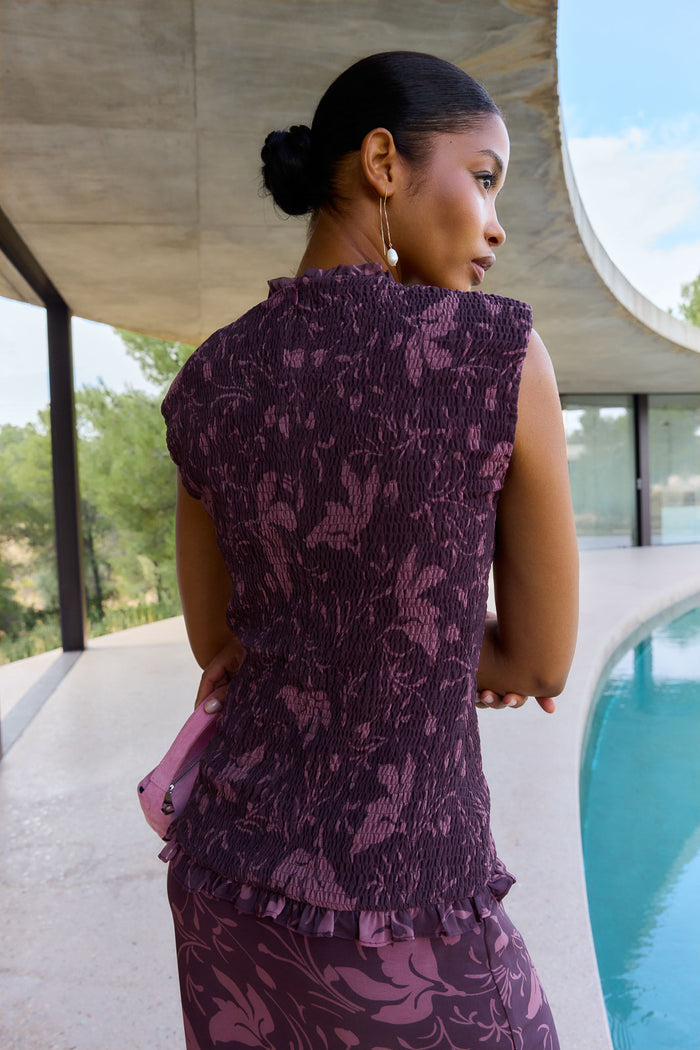 Vestido Raisa Florisse Morado midi ceñido estampado de Lady Pipa para invitada de boda.