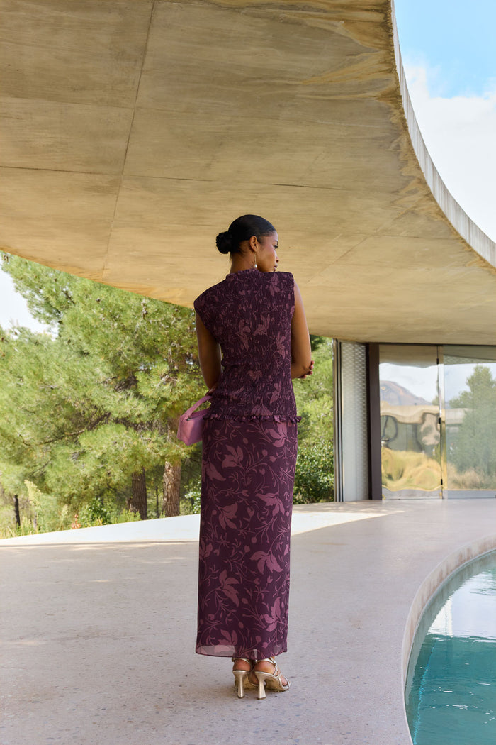 Vestido Raisa Florisse Morado midi ceñido estampado de Lady Pipa para invitada de boda.