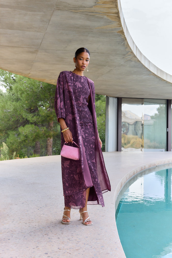Vestido Raisa Florisse Morado midi ceñido estampado de Lady Pipa para invitada de boda.