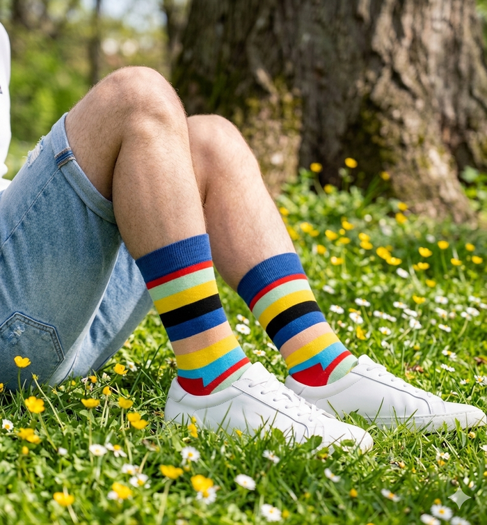 Vibrant Medley socks on model, styled to show bold stripe pattern against casual outfit