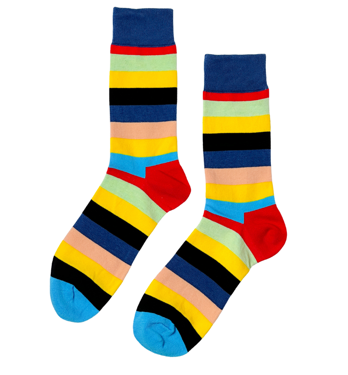 Vibrant Medley socks close-up showing vivid contrast stripe detail and cotton knit texture