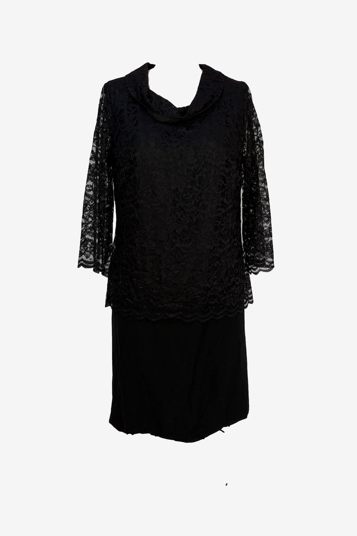Vintage black crepe cocktail with lace overlay and sleeves