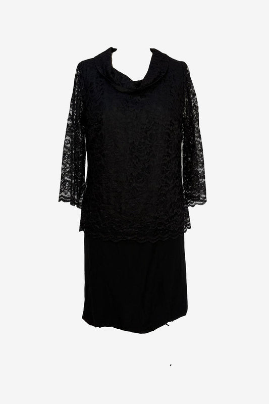 Vintage black crepe cocktail with lace overlay and sleeves