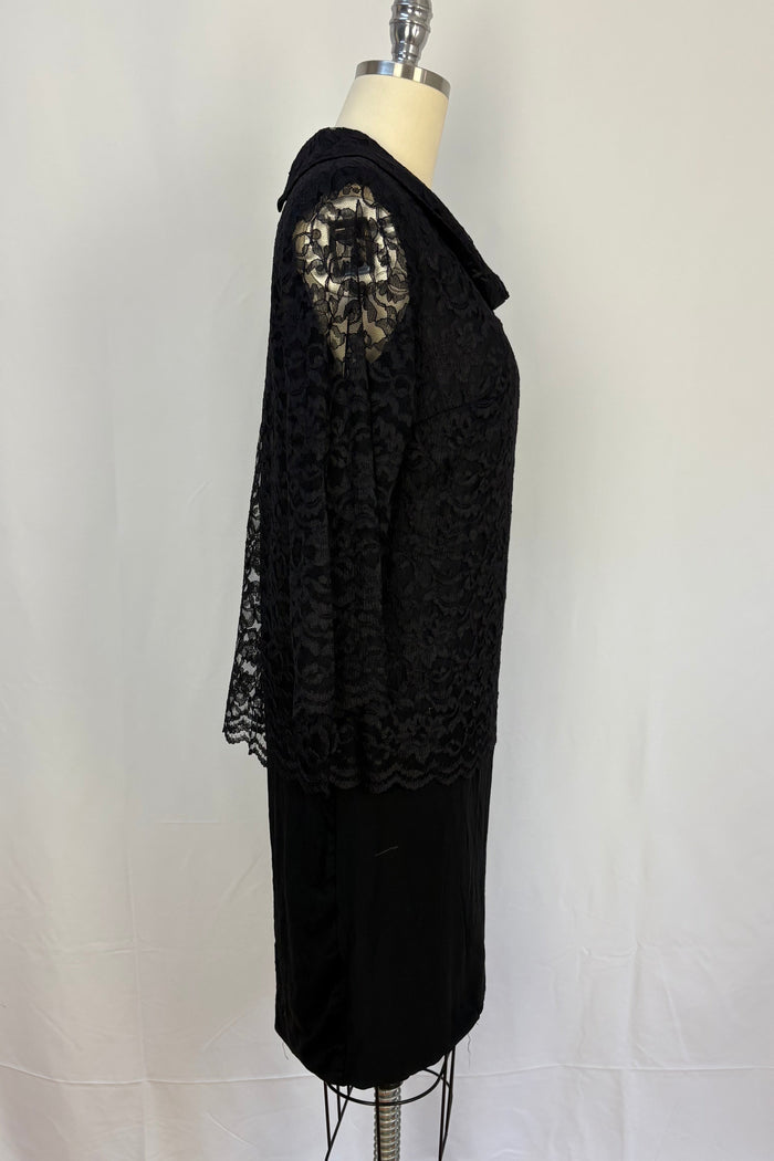 Vintage black crepe cocktail with lace overlay and sleeves