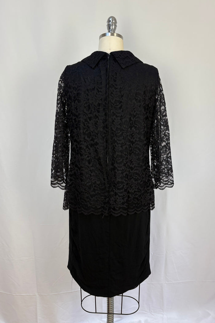 Vintage black crepe cocktail with lace overlay and sleeves