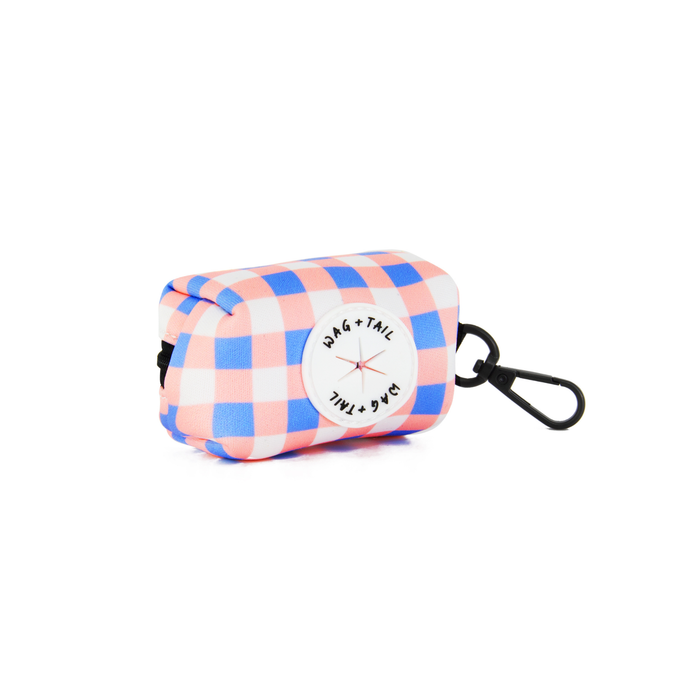 Wag + Tail Pretty in Plaid waste bag holder showing plaid pattern clip-on dispenser