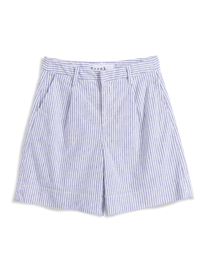 White shorts with blue stripes on a black background