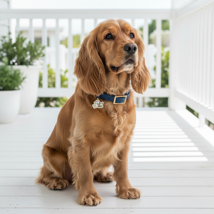 Wag + Tail Sapphire Waterproof PVC dog collar on white background showing clasp and material