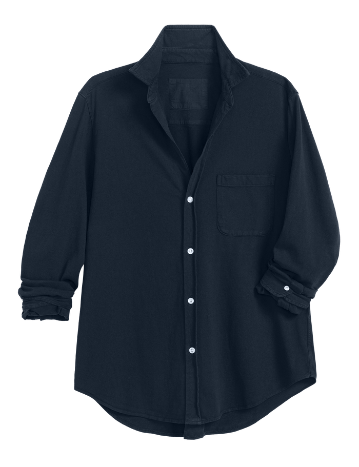 A dark navy blue long-sleeve button-up shirt with a chest pocket, shown against a plain white background.