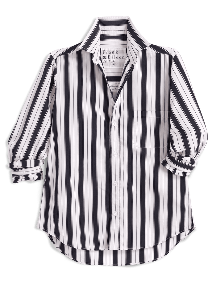 Black and white striped shirt with brand label on a transparent background