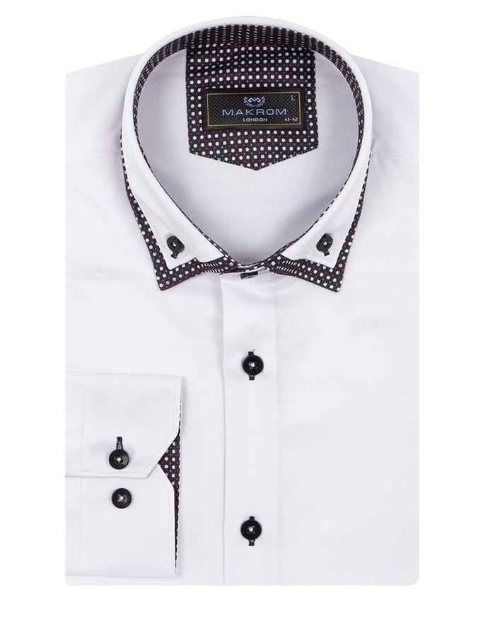 White Double Collar Dotted Print Shirt-Makrom