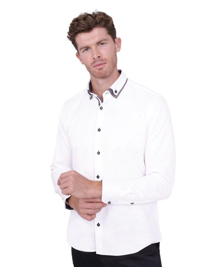 White Double Collar Dotted Print Shirt-Makrom