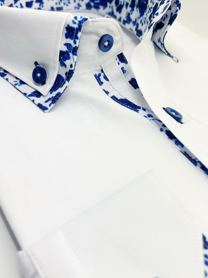 White Floral Double Collar Men's Shirt-Makrom