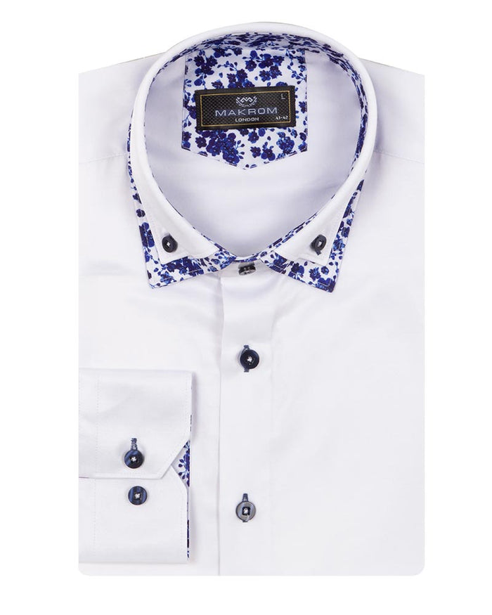 White Floral Double Collar Men's Shirt-Makrom