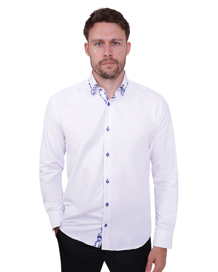 White Floral Double Collar Men's Shirt-Makrom