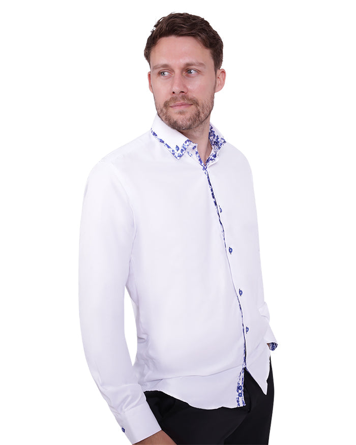 White Floral Double Collar Men's Shirt-Makrom