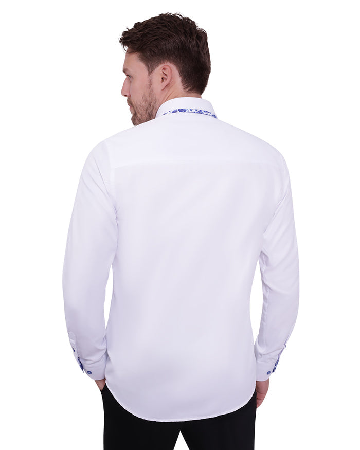 White Floral Double Collar Men's Shirt-Makrom