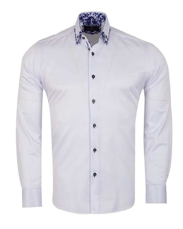 White Floral Double Collar Men's Shirt-Makrom