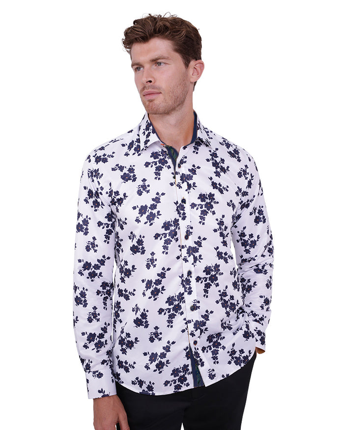 White Floral Print Men's Shirt-Makrom