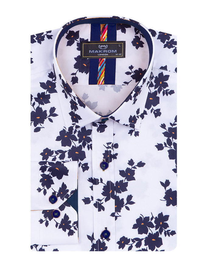 White Floral Print Men's Shirt-Makrom
