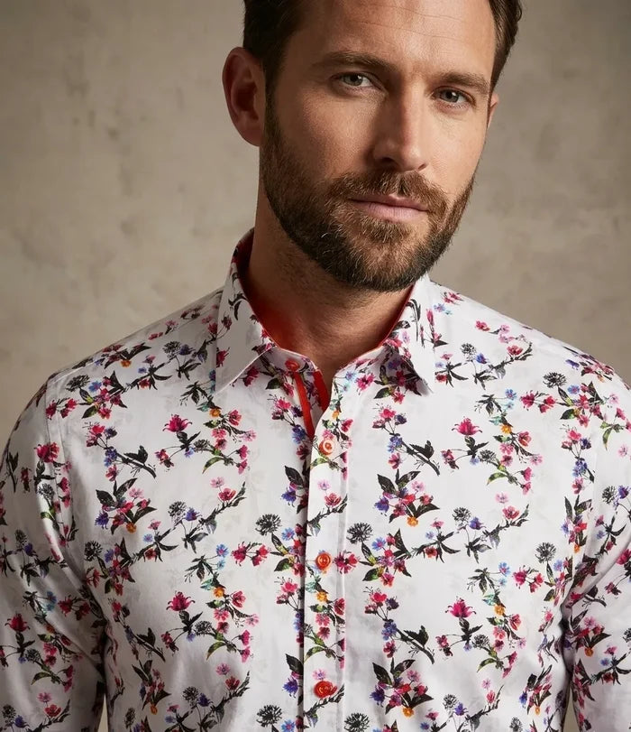 White Flowers Print Shirt with Matching Handkerchief