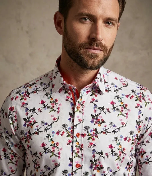 White Flowers Print Shirt with Matching Handkerchief