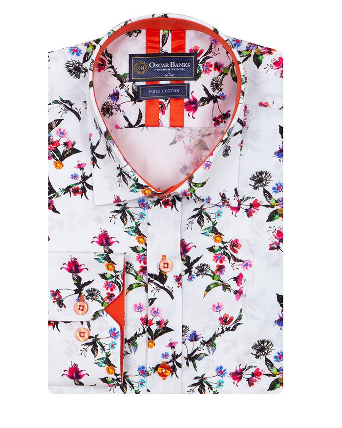 White Flowers Print Shirt with Matching Handkerchief-Makrom