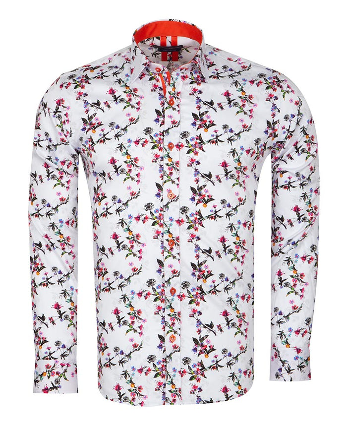 White Flowers Print Shirt with Matching Handkerchief-Makrom