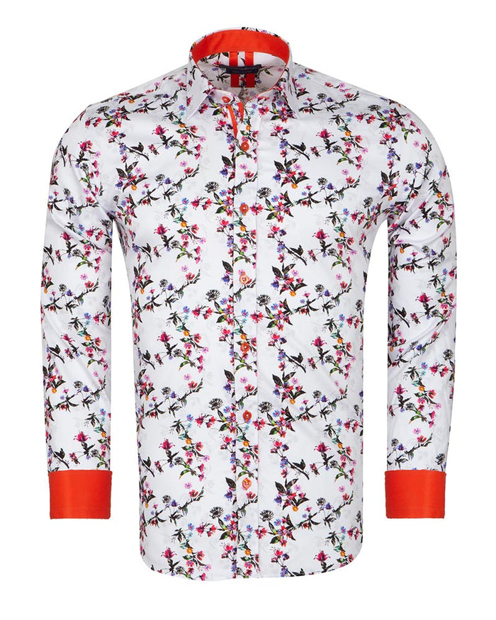 White Flowers Print Shirt with Matching Handkerchief-Makrom