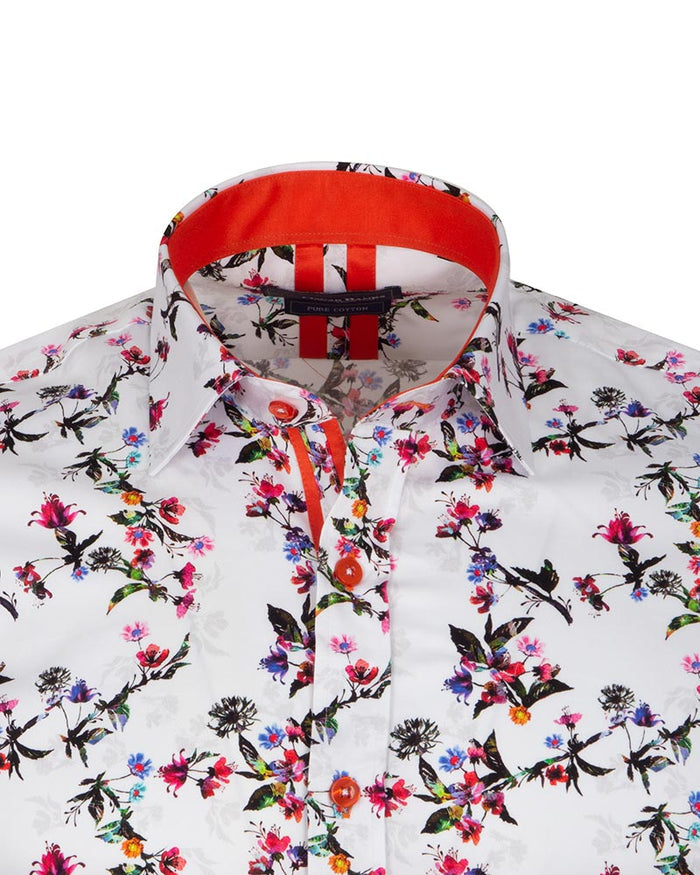 White Flowers Print Shirt with Matching Handkerchief-Makrom