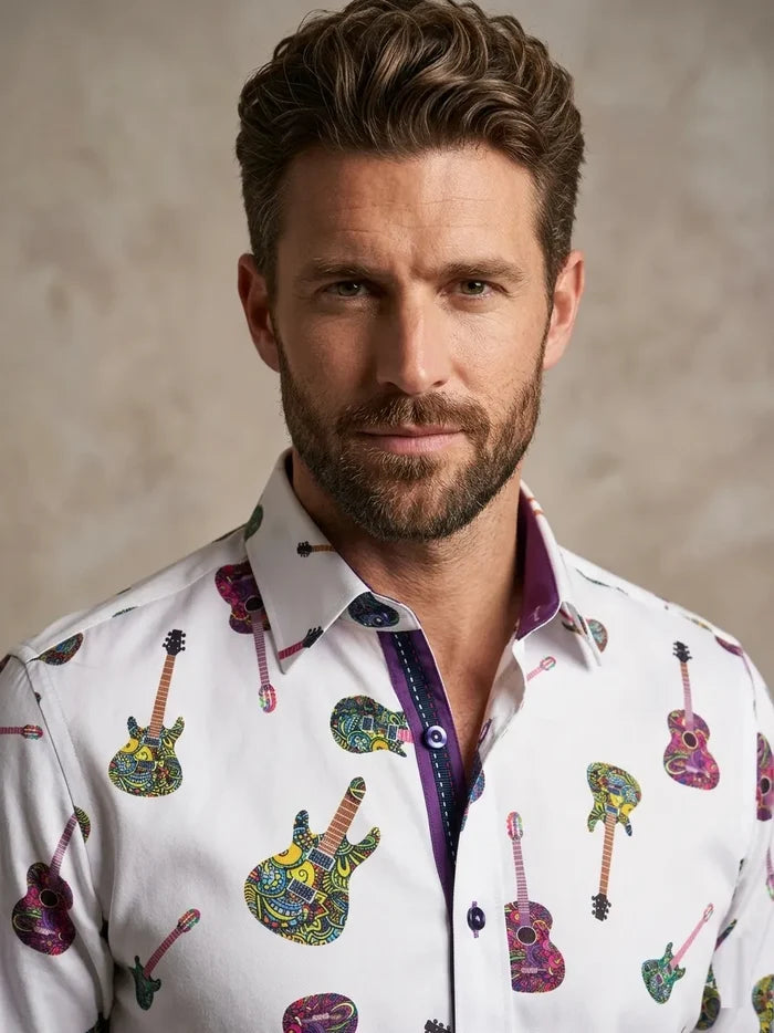 White Guitar Print Men's Shirt