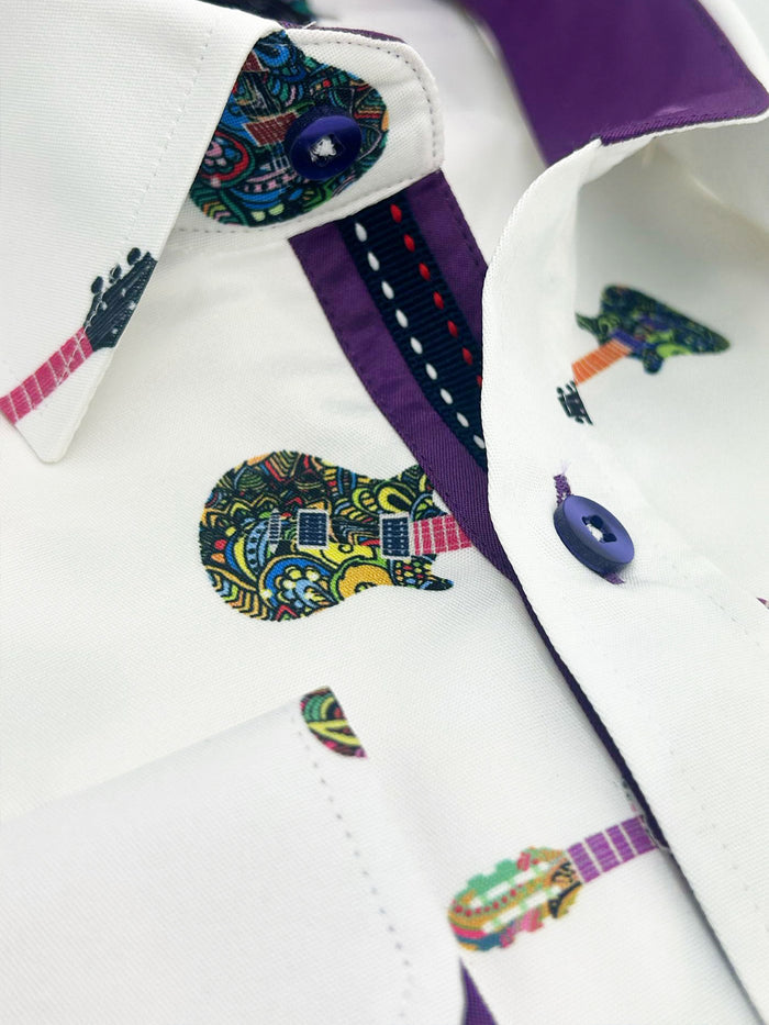 White Guitar Print Men's Shirt-Makrom