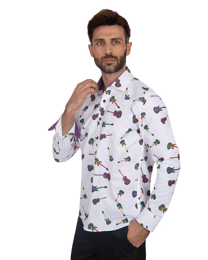 White Guitar Print Men's Shirt-Makrom