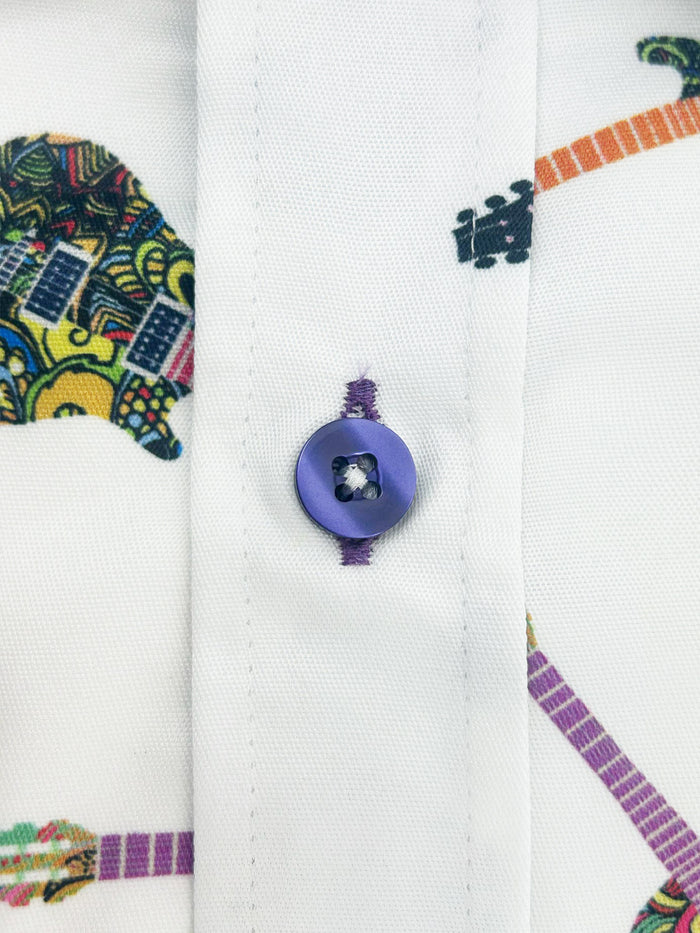 White Guitar Print Men's Shirt-Makrom