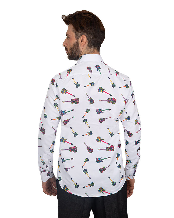 White Guitar Print Men's Shirt-Makrom