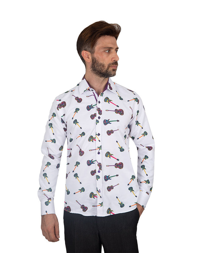 White Guitar Print Men's Shirt-Makrom