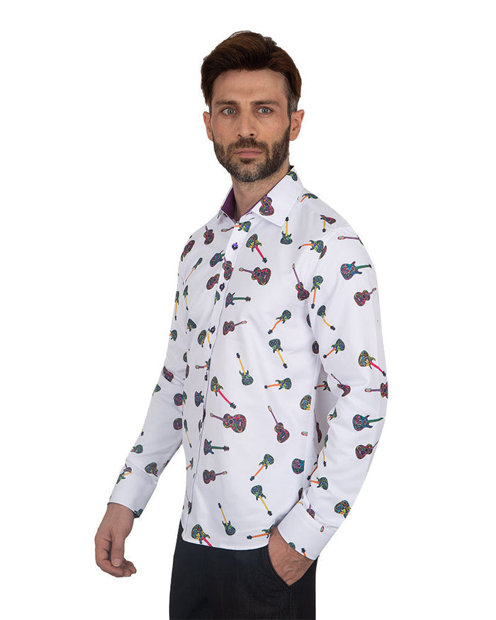 White Guitar Print Men's Shirt-Makrom