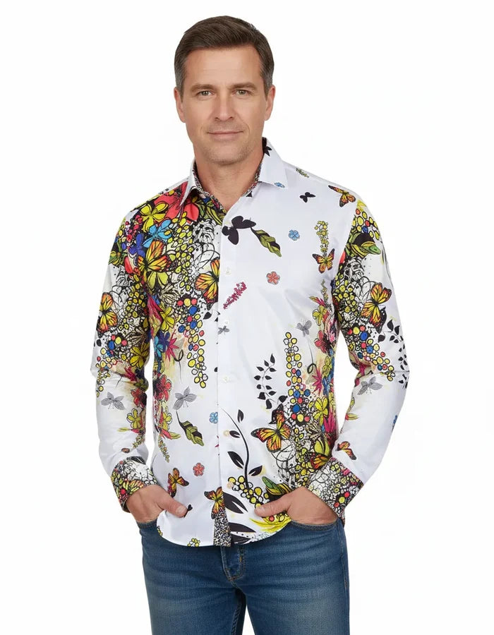 White Neon Floral Garden Print Shirt-Makrom