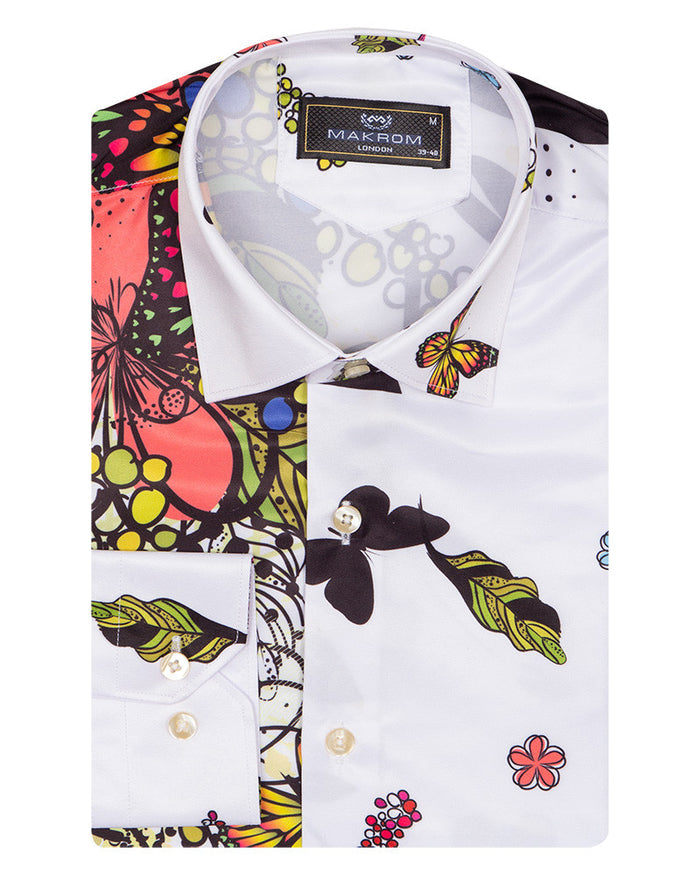 White Neon Floral Garden Print Shirt-Makrom
