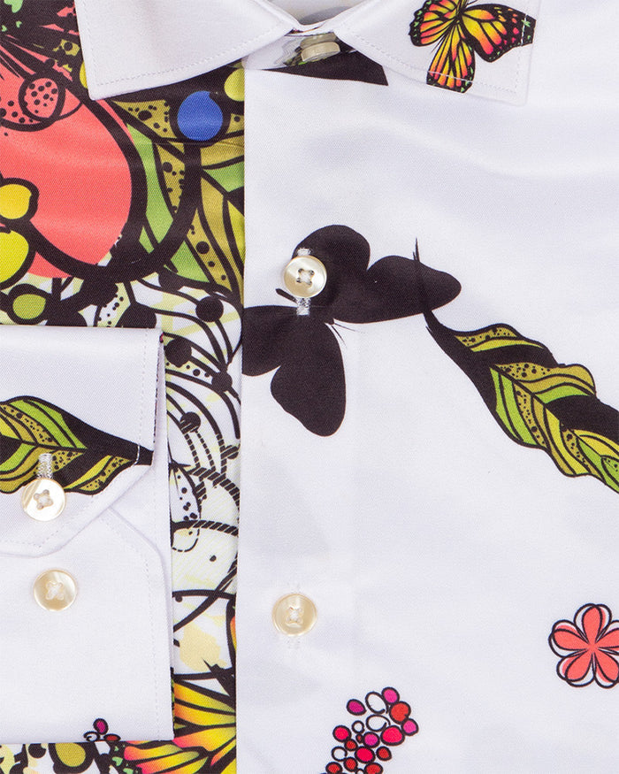 White Neon Floral Garden Print Shirt-Makrom