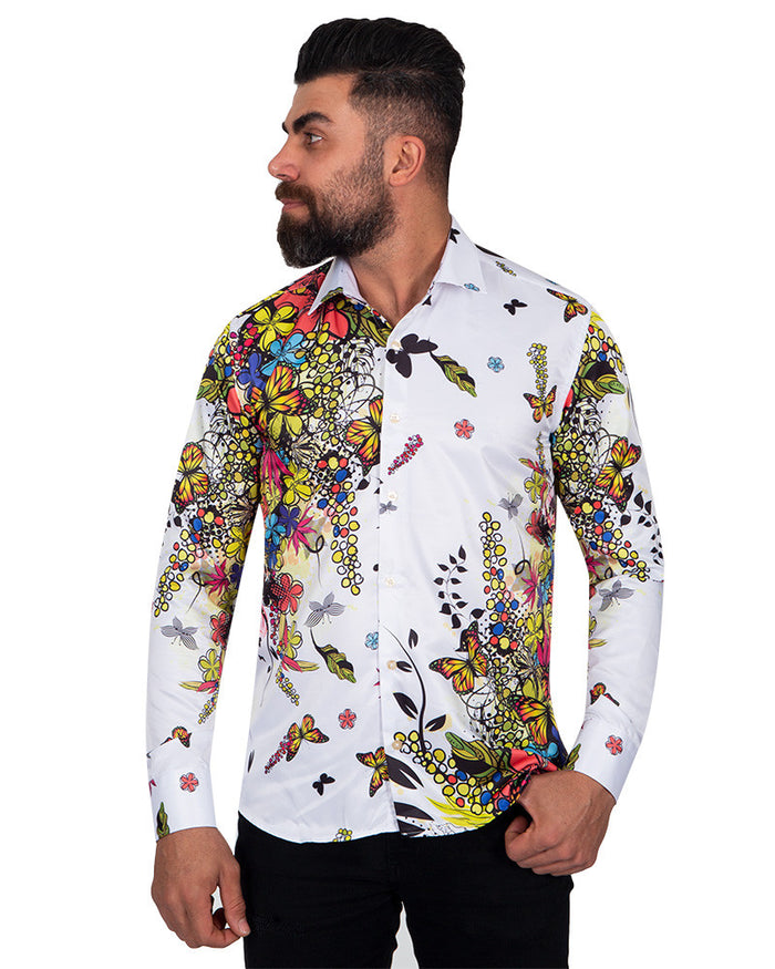 White Neon Floral Garden Print Shirt-Makrom