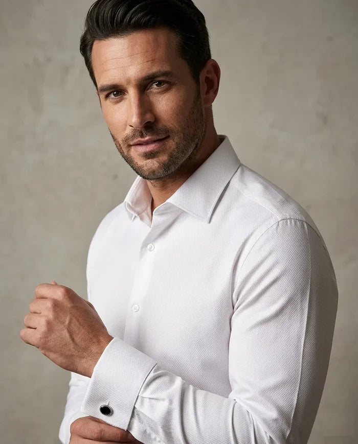 Man wearing a white dress shirt against a neutral background