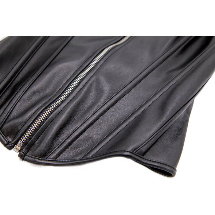 Black leather garment with silver zip